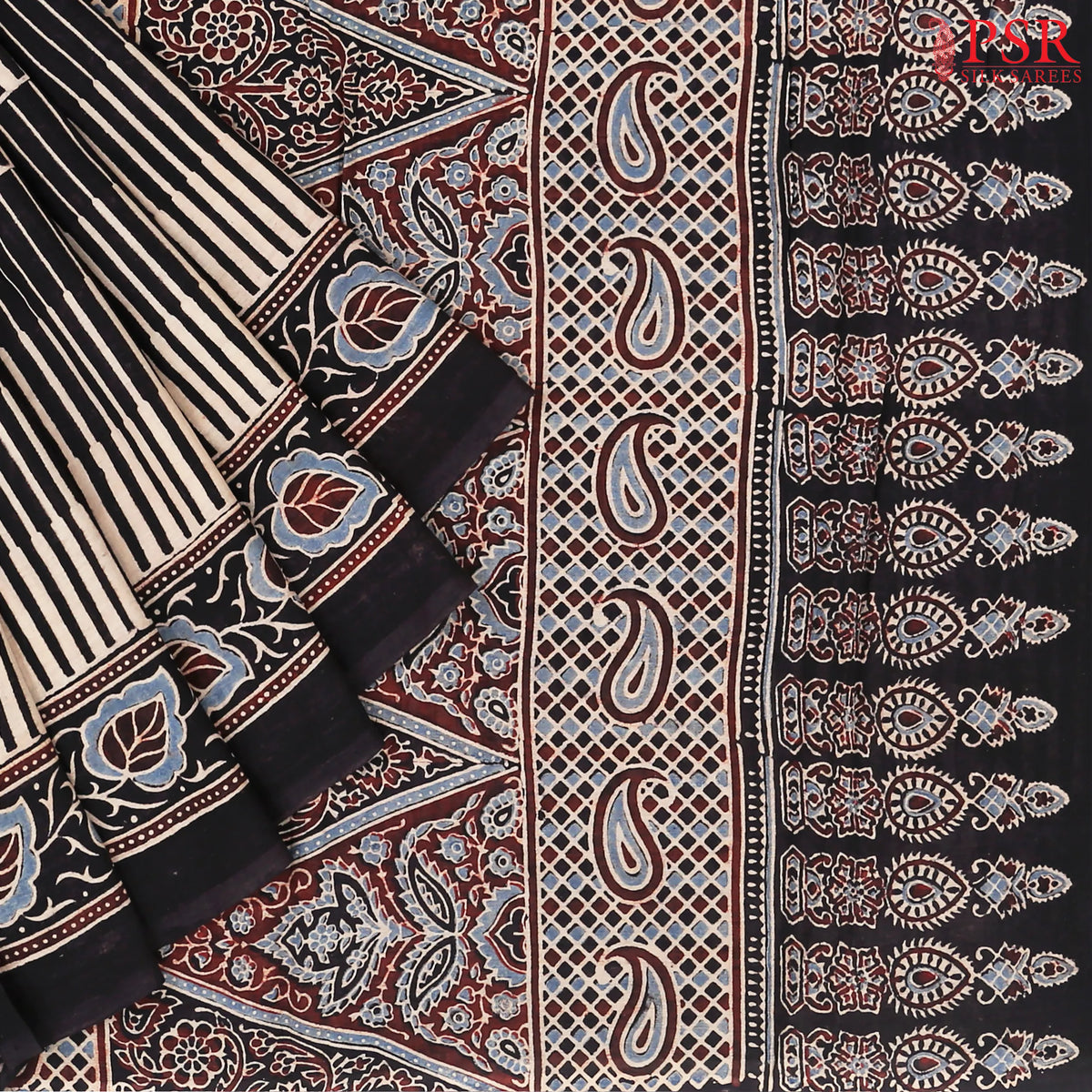 Beige & Black Jaipur Cotton Printed Saree