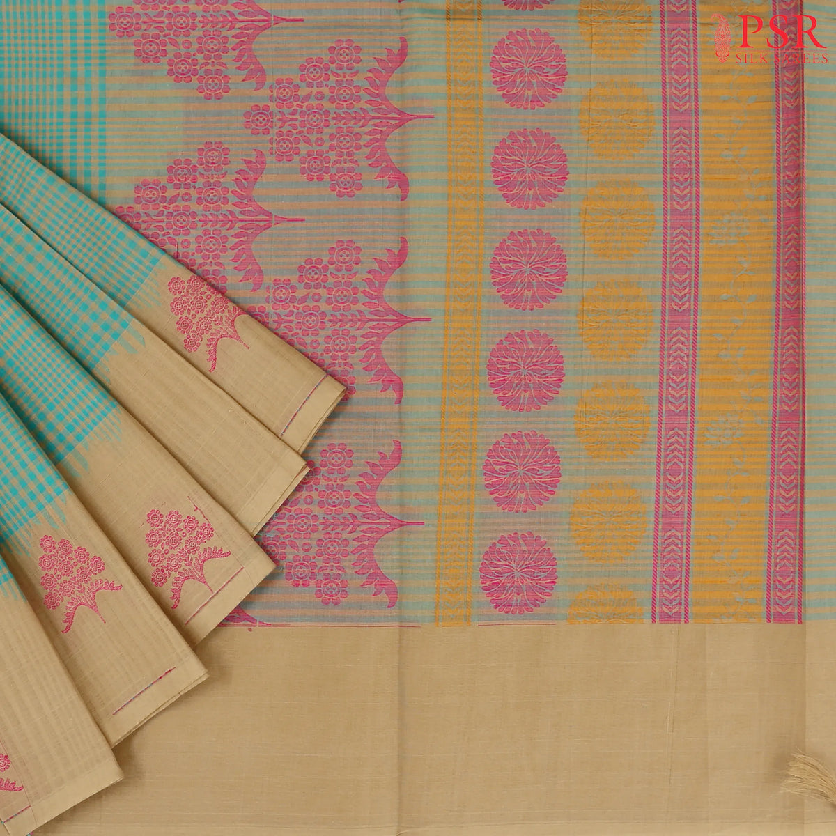 Sea Green & Tan Kovai Cotton Saree