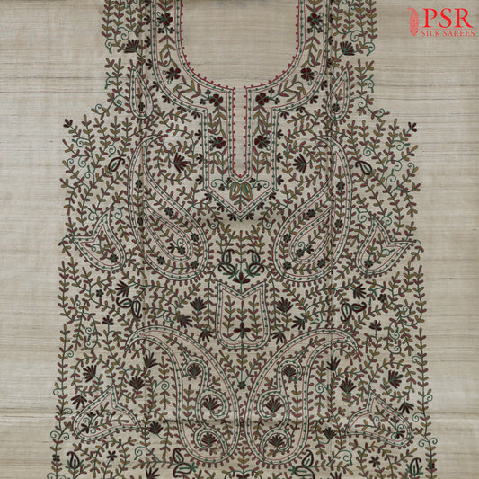 Beige & Basil Green Tussar Silk Dress Material