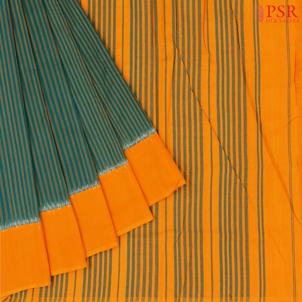 Pine Green & Orange Ikkat Cotton Saree