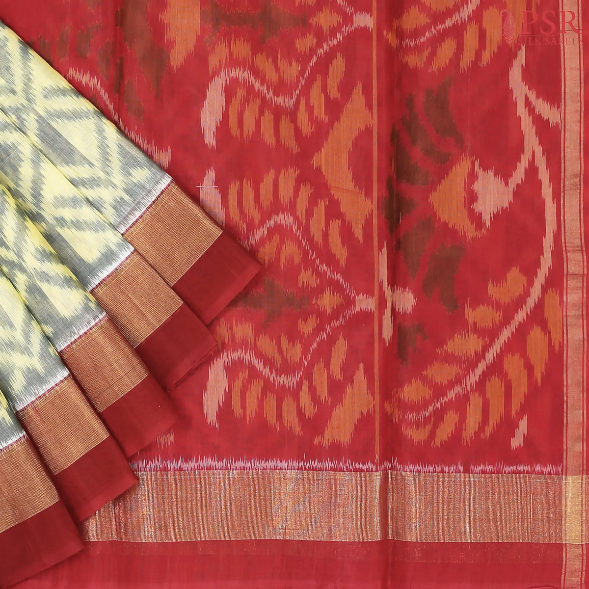 Cream Beige & Grey Patola Silk Cotton Saree