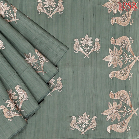 Turquoise Grey Kosa Embroidery Saree