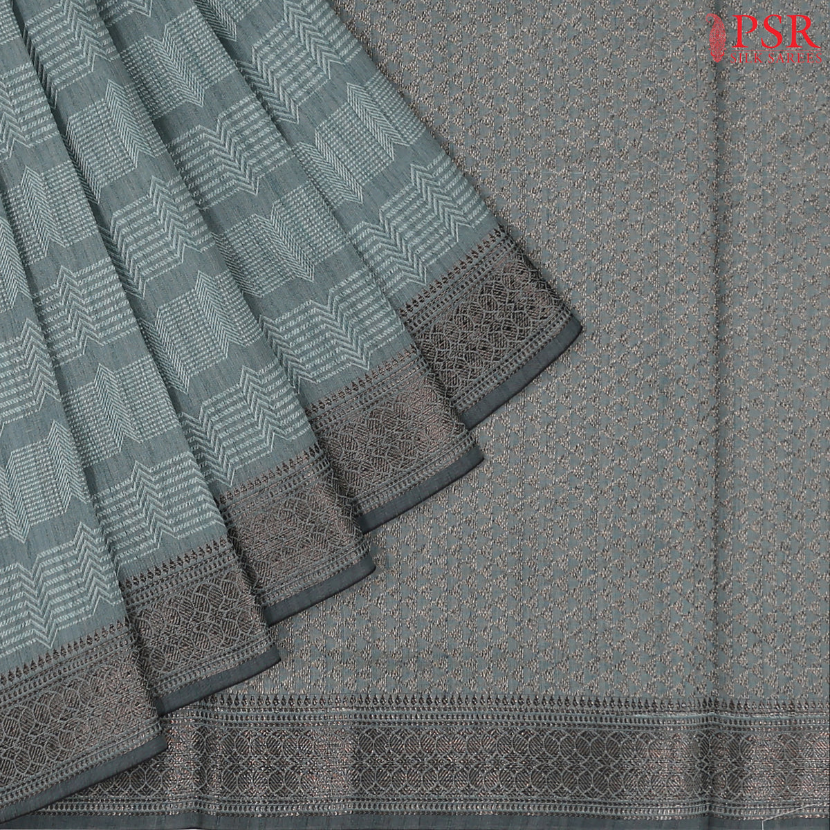 Turquoise Grey Semi Banaras Saree