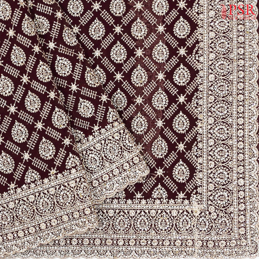 Burgundy Georgette Laser Embroidery Saree