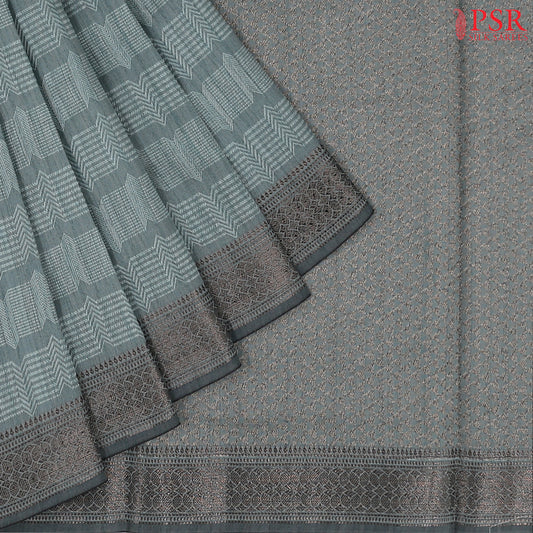 Turquoise Grey Semi Banaras Saree