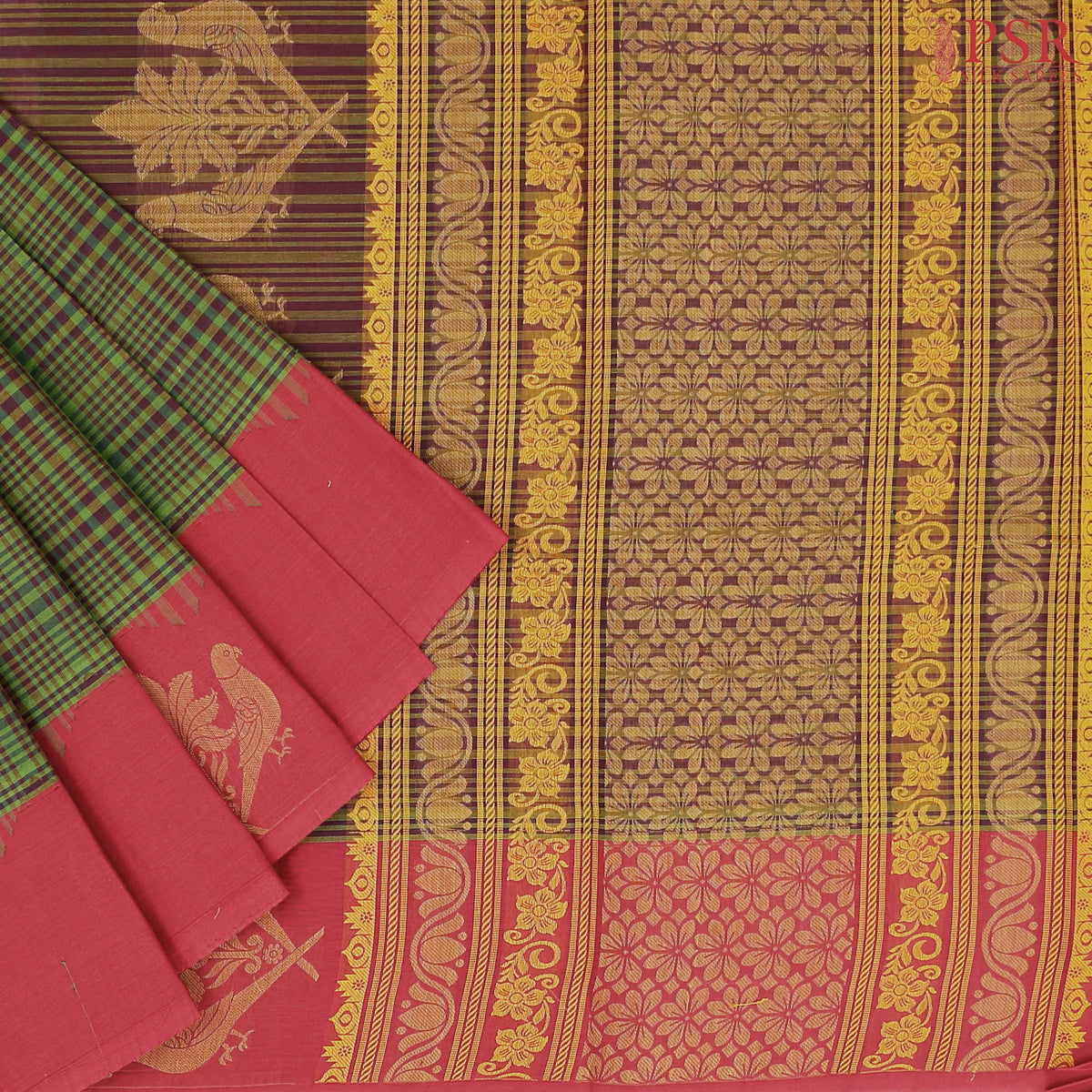 Olive Green & Burgundy Kovai Cotton Saree