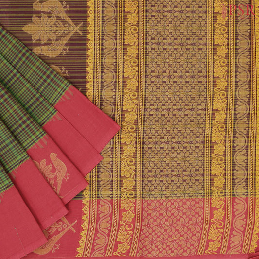 Olive Green & Burgundy Kovai Cotton Saree