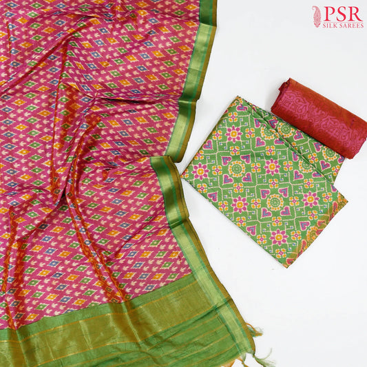 Parakeet Green Soft Patola Silk Cotton Dress Material