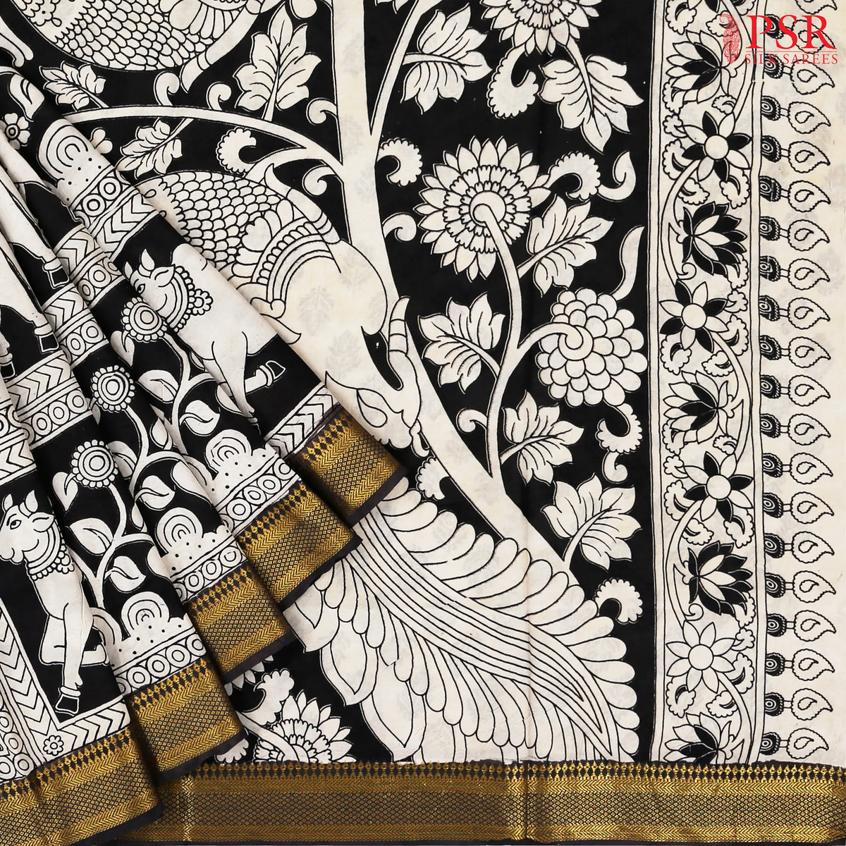 Beige & Black Kalamkari Silk Saree