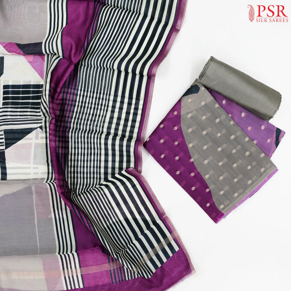 Grey & Magenta Purple Chanderi Silk Cotton Dress Material