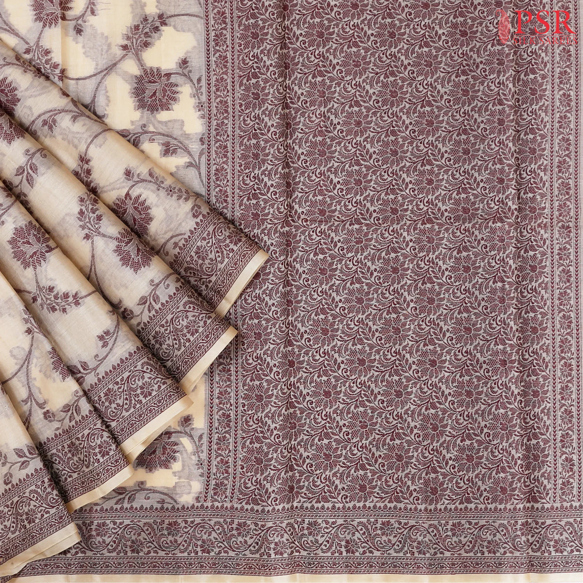 Saffron Beige Banaras Tussar Silk Saree