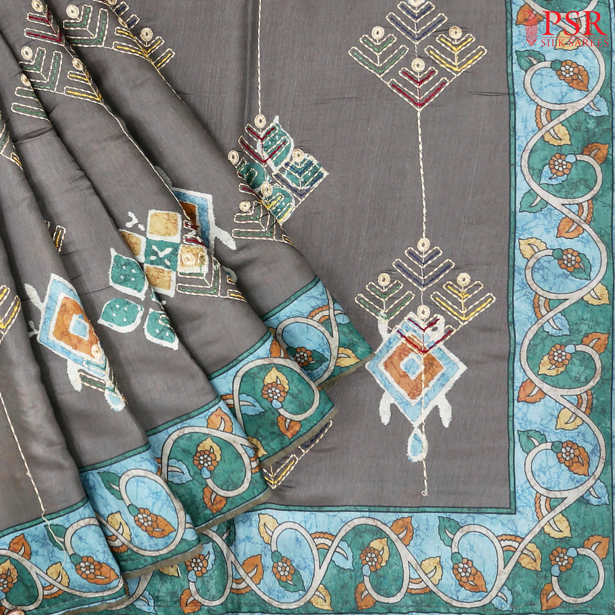 Dark Fossil Grey Semi Tussar Saree