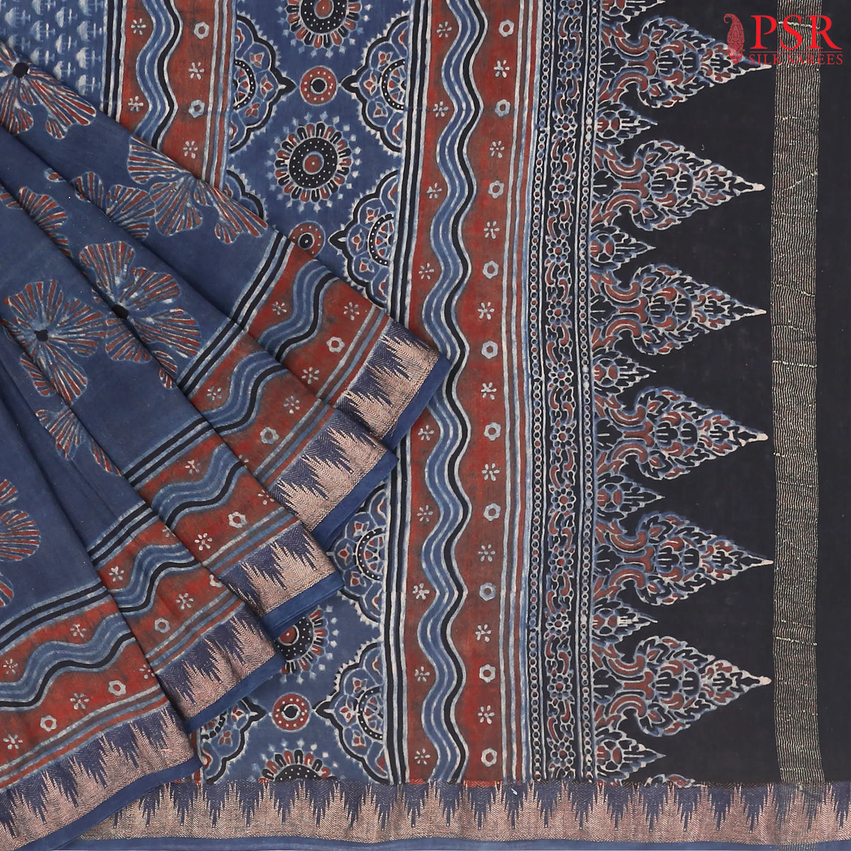 Dark Blue Jaipur Cotton Printed Saree