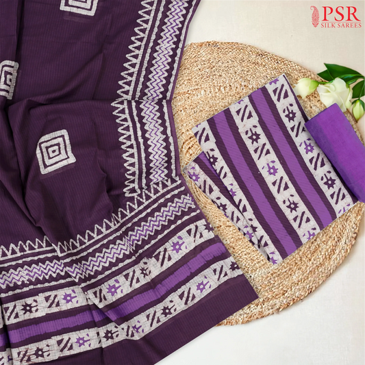 Off White & Purple Batik Cotton Dress Material