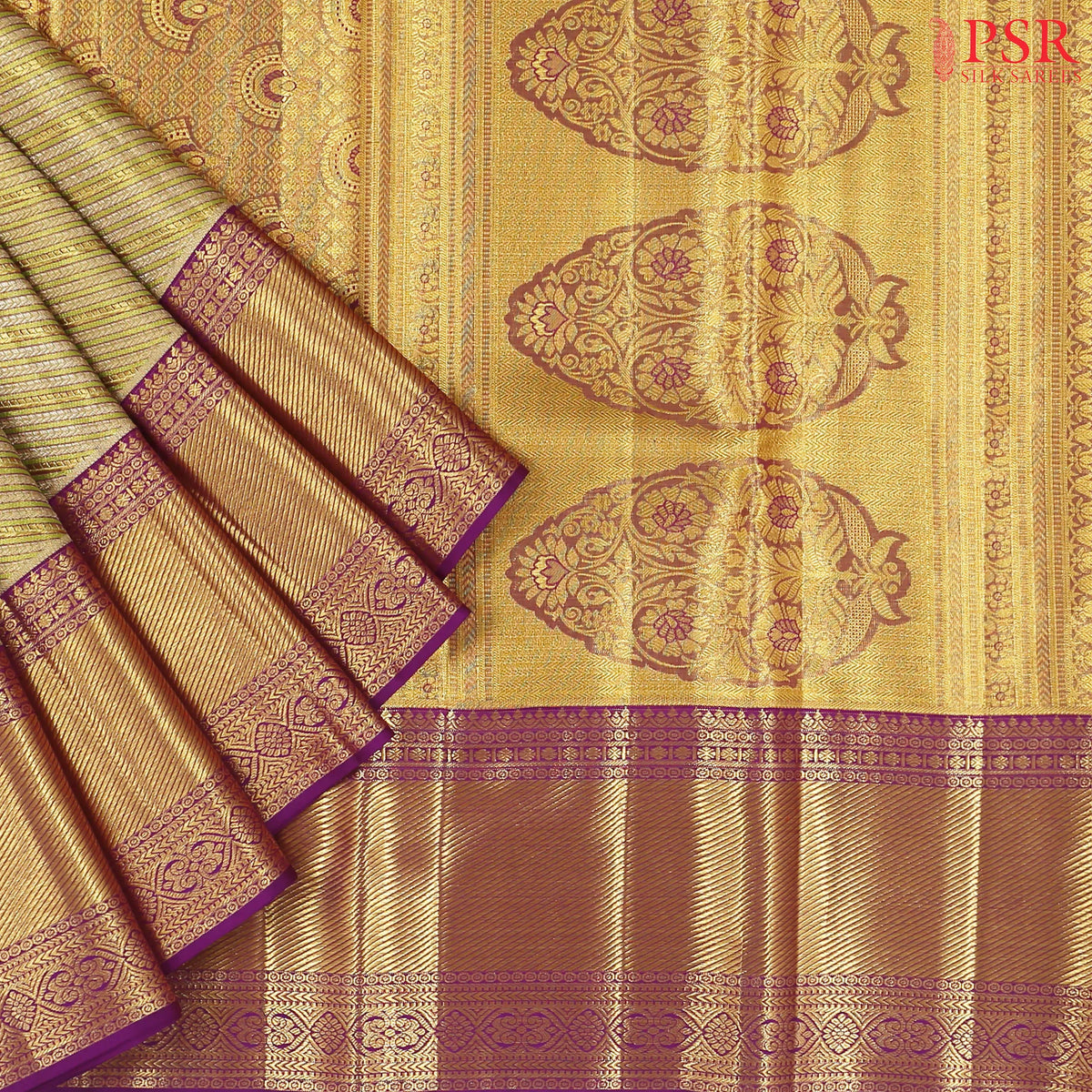 Golden Olive Kanchipuram Jacquard Tissue Silk Saree