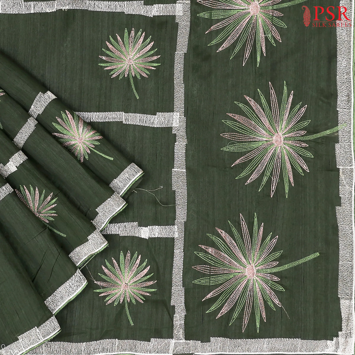 Dark Olive Green Kosa Embroidery Saree