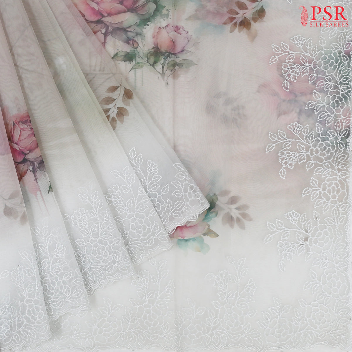 Dove White Organza Embroidery Saree