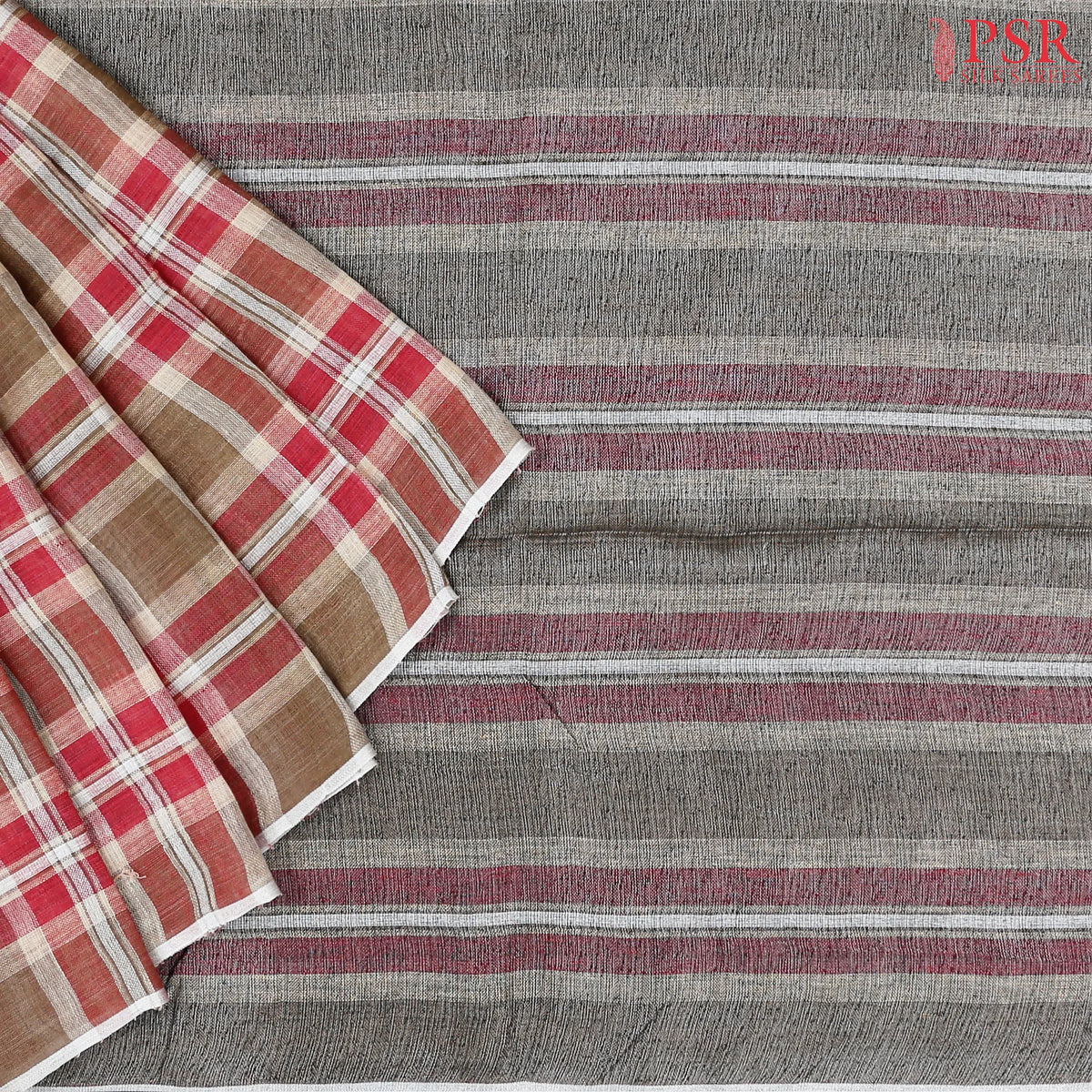 Taupe & Red Linen Saree