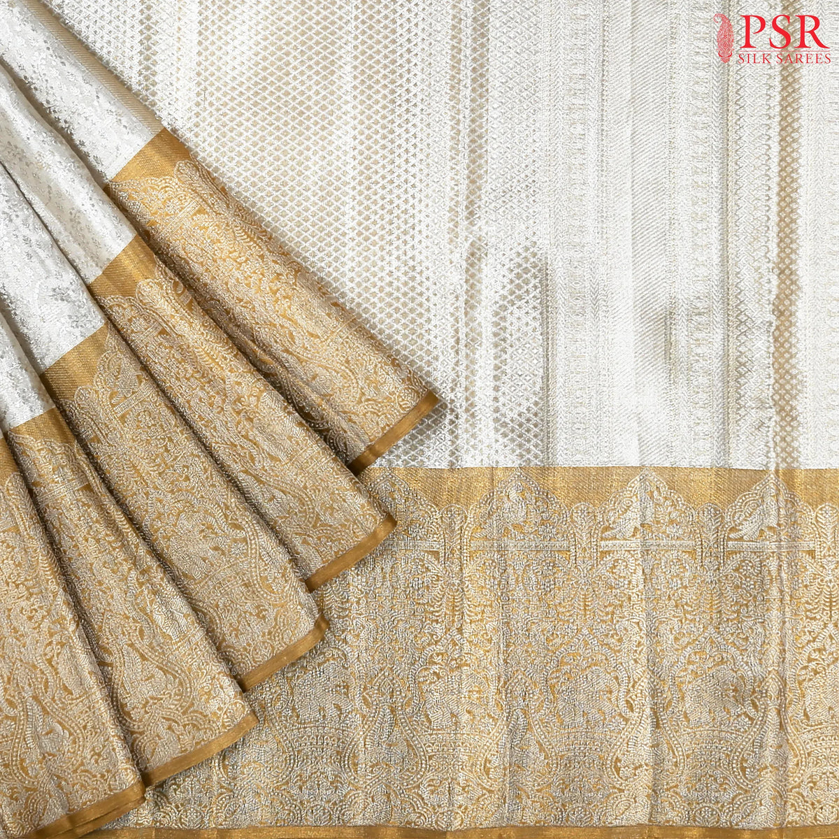 Silver White Kanchipuram Jacquard Tissue Silk Saree