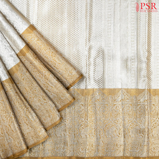 Silver White Kanchipuram Jacquard Tissue Silk Saree