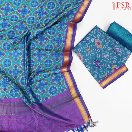 Peacock Blue Soft Patola Silk Cotton Dress Material