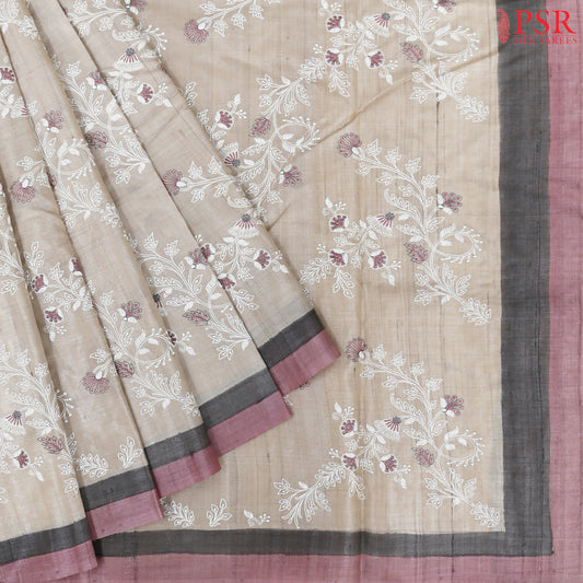 Beige With Pink Kadhi Tussar Silk Saree
