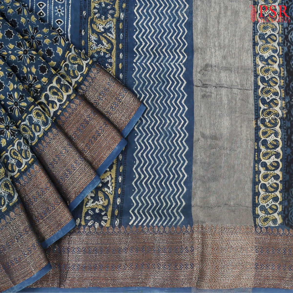 Prussian Blue Jaipur Cotton Printed Saree