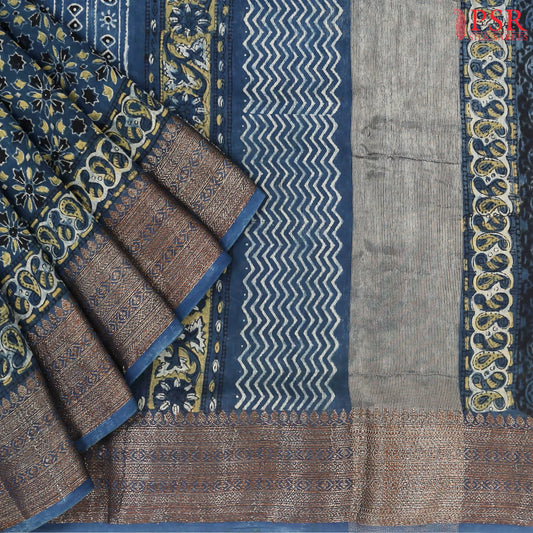 Prussian Blue Jaipur Cotton Printed Saree