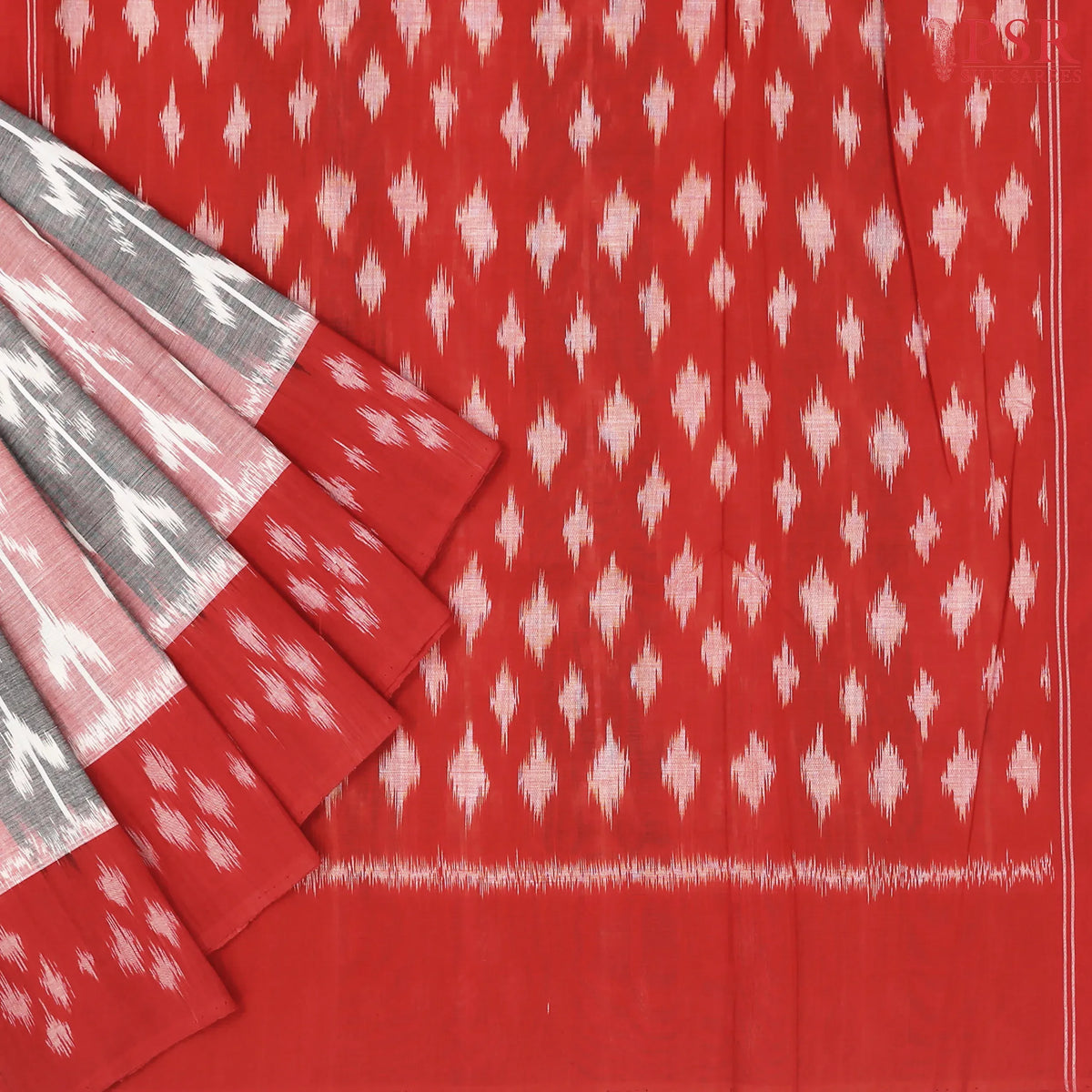 Grey & Light Red Ikkat Cotton Saree