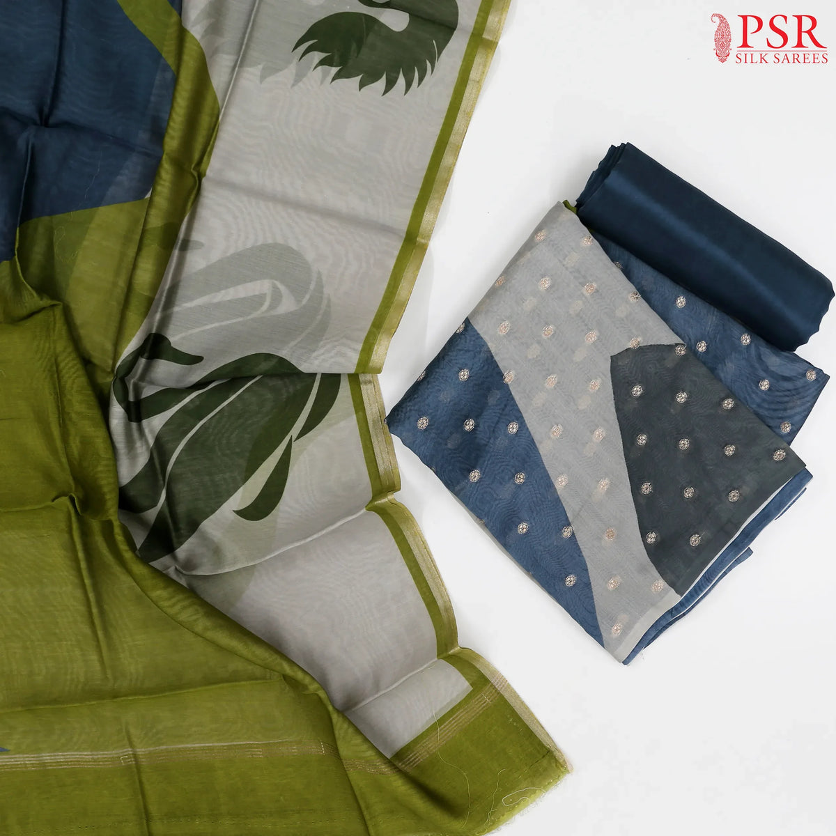 Grey & Green Chanderi Silk Cotton Dress Material