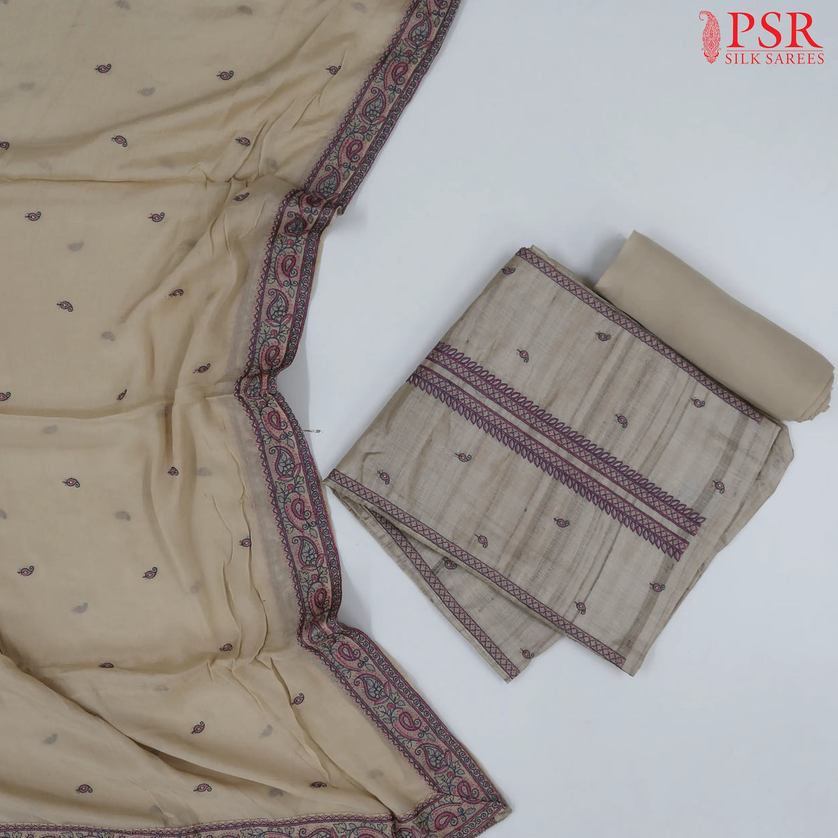 Beige Tussar Silk Dress Material