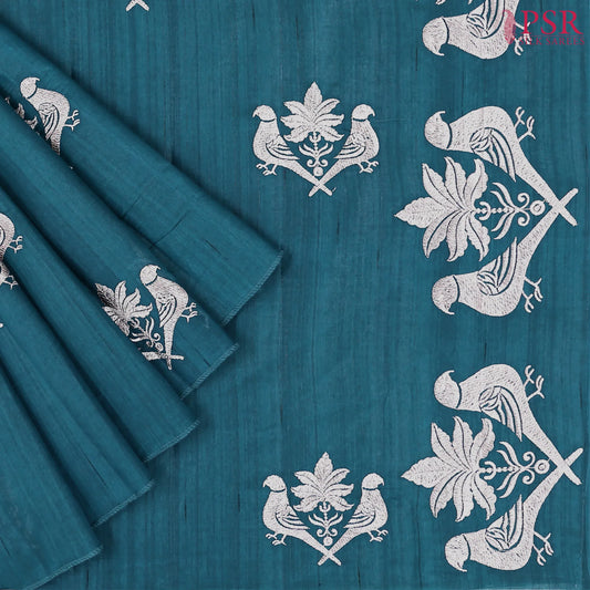 Dark Peacock Blue Kosa Embroidery Saree