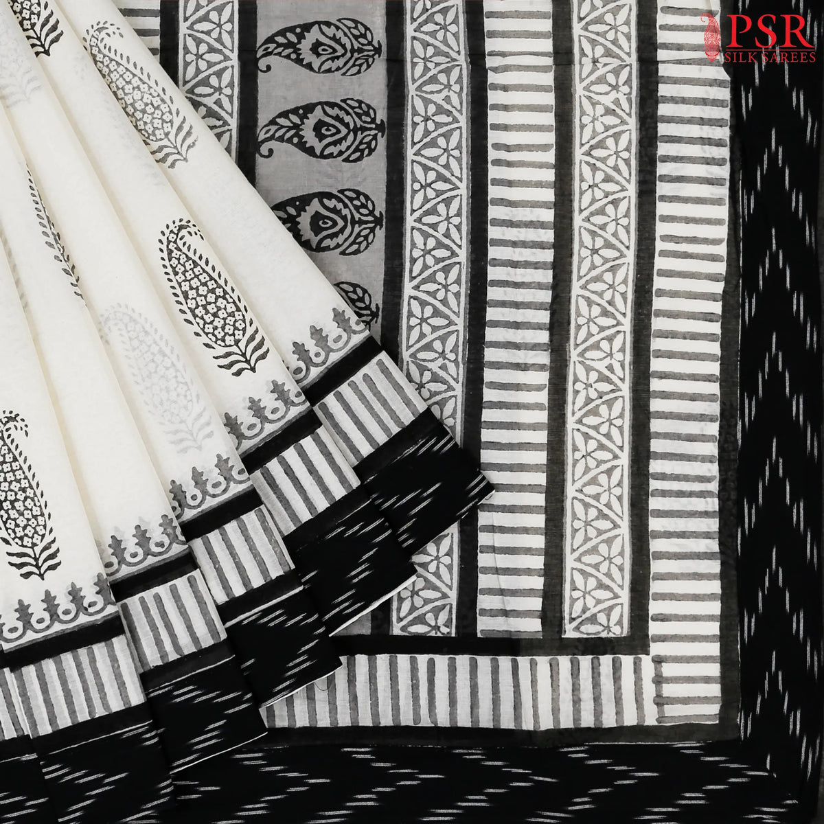 Off White & Black Printed Cotton Saree