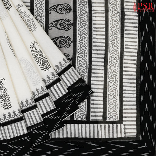 Off White & Black Printed Cotton Saree