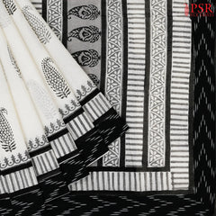 Off White & Black Printed Cotton Saree