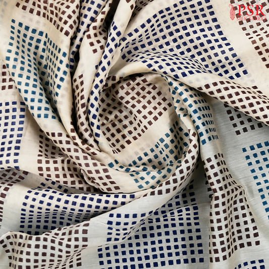 Beige & Peacock Blue Chanderi Silk Cotton Saree