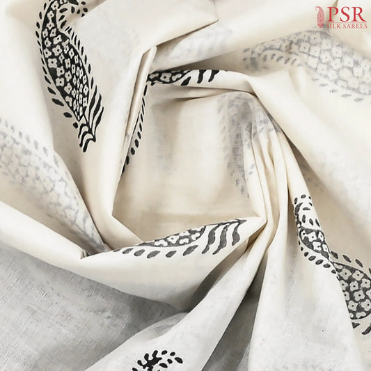 Off White & Black Printed Cotton Saree