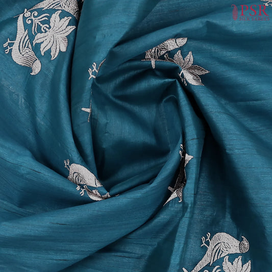 Dark Peacock Blue Kosa Embroidery Saree