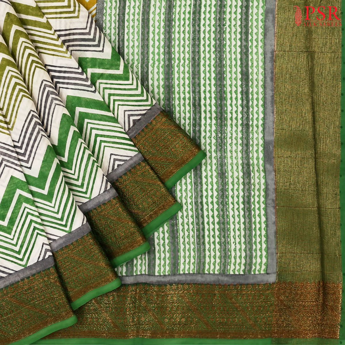 Beige & Basil Green Chanderi Silk Cotton Saree