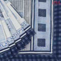 White & Blue Printed Cotton Saree