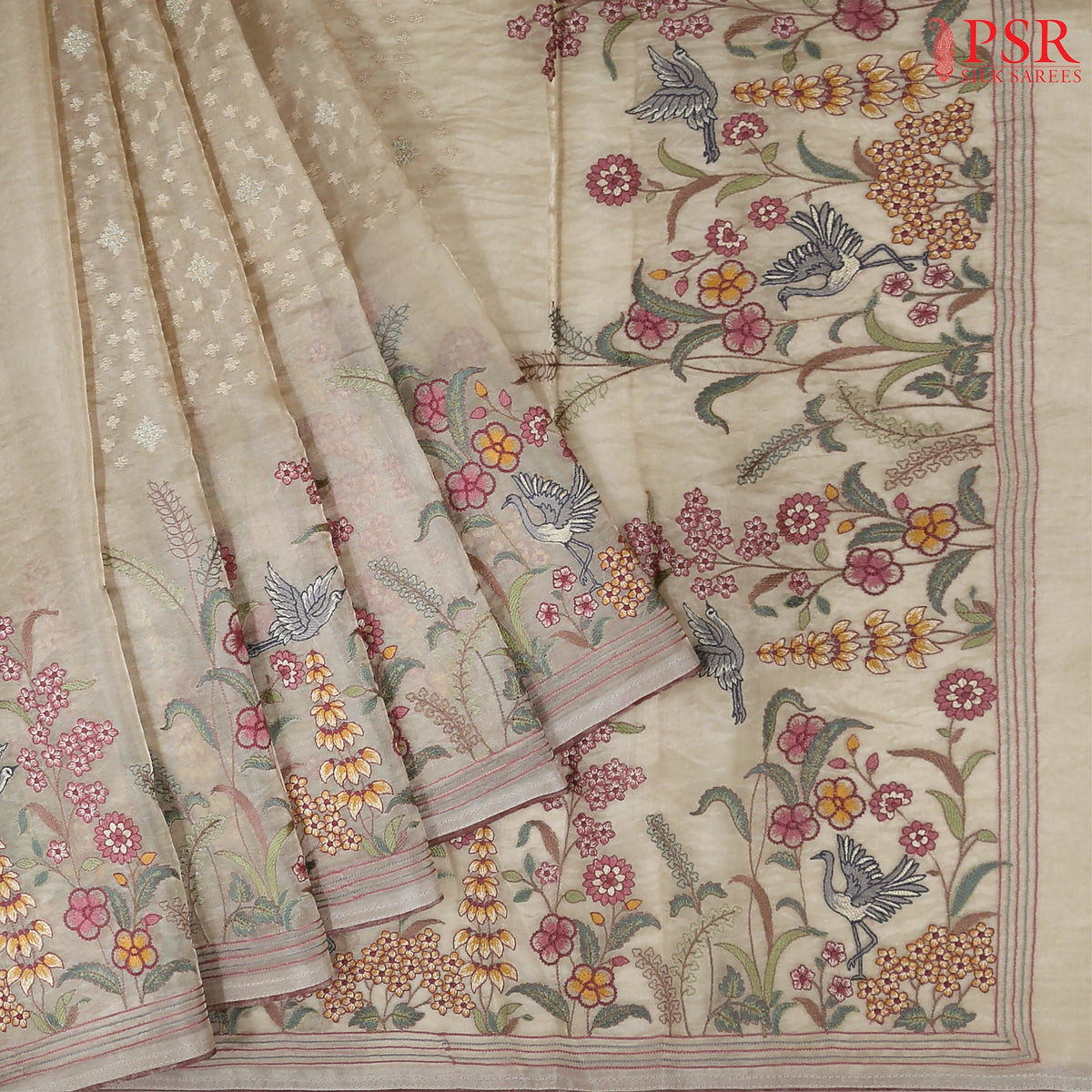 Golden Beige Tissue Embroidery Saree