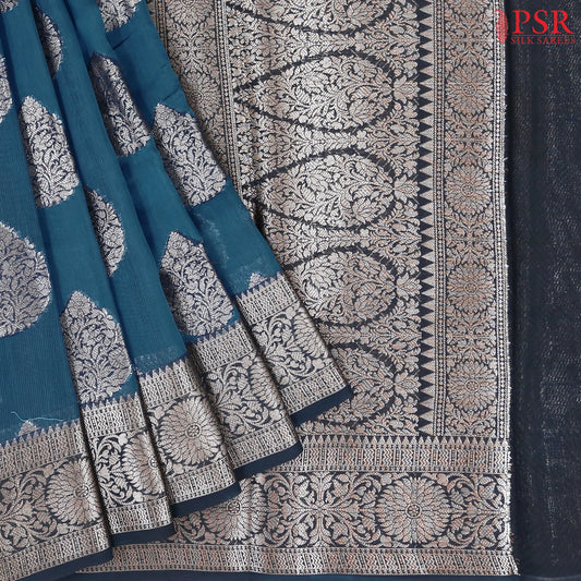 Dark Peacock Blue Chanderi Silk Cotton Saree