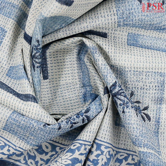 White & Blue Printed Cotton Saree