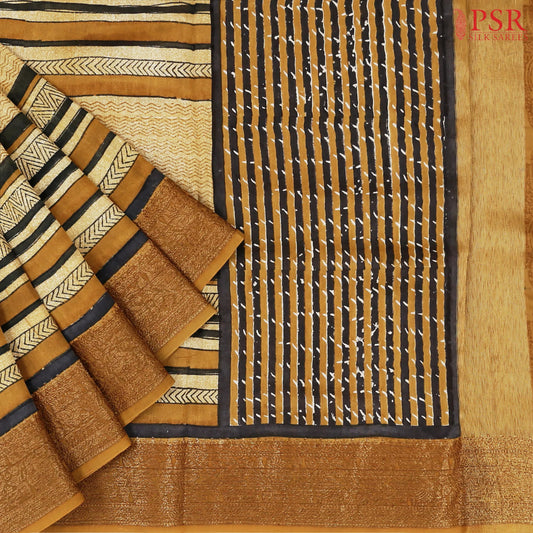 Light Mustard Brown Chanderi Silk Cotton Saree