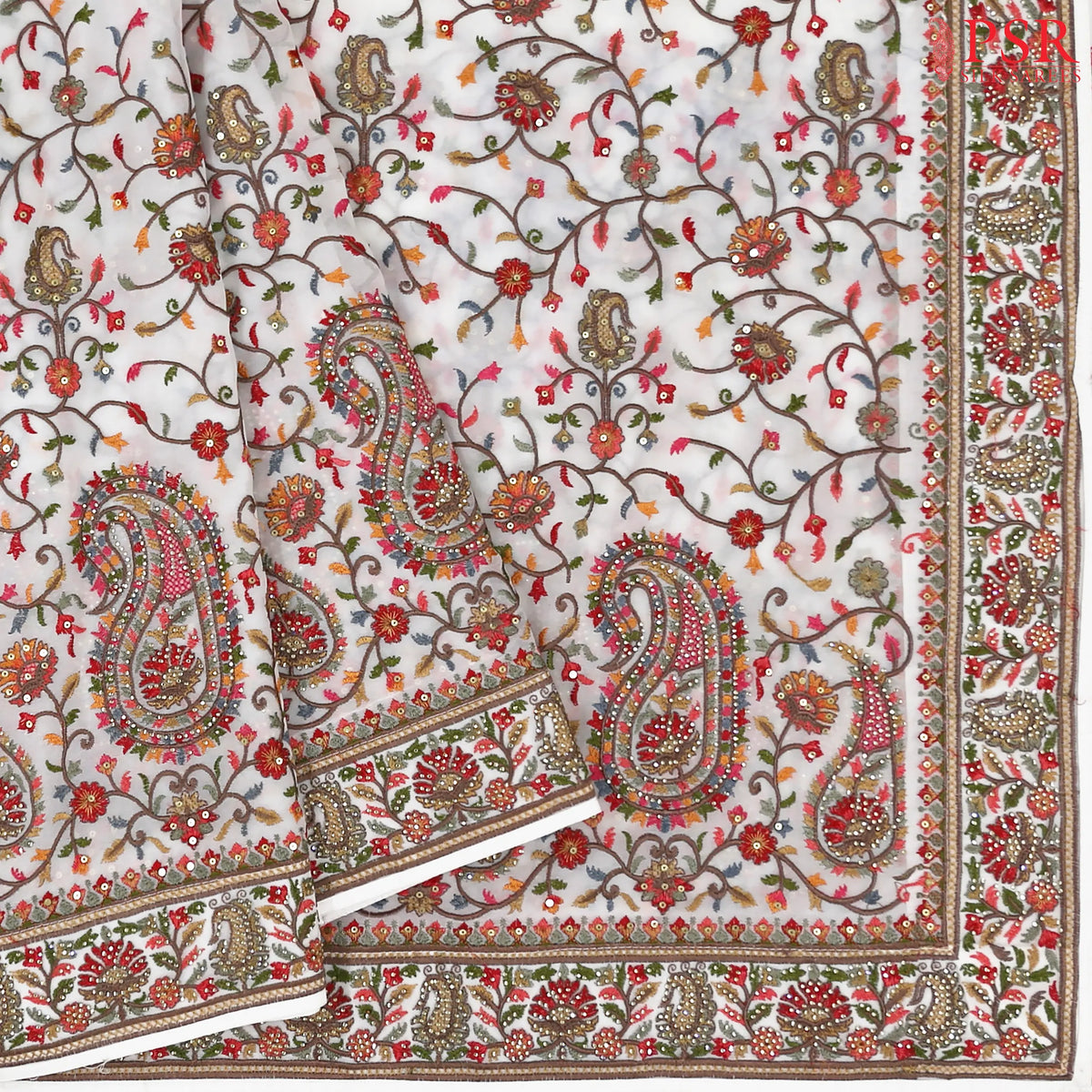 White Georgette Laser Embroidery Saree