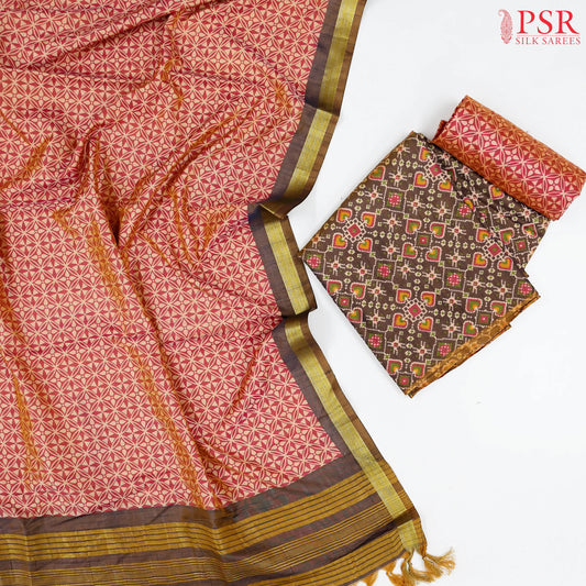 Brown Soft Patola Silk Cotton Dress Material