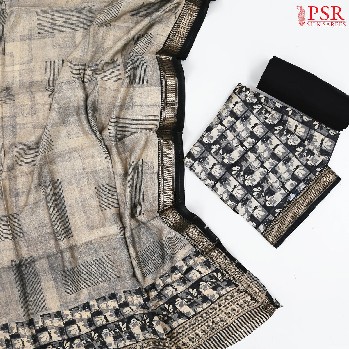Black & Grey Assam Silk Dress Material