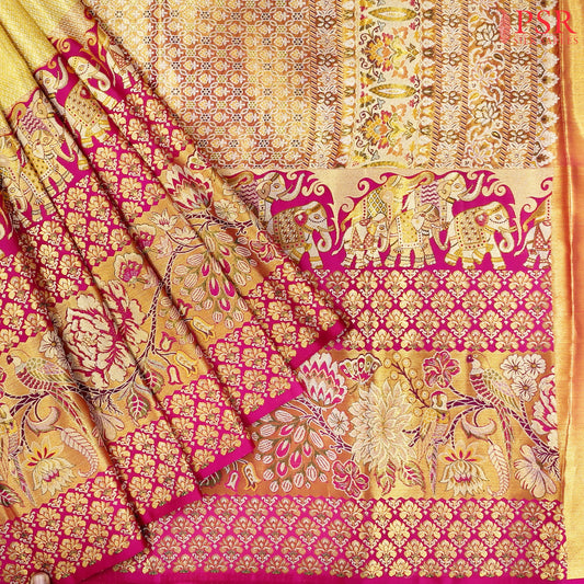 Golden Yellow Kanchipuram Jacquard Tissue Silk Saree