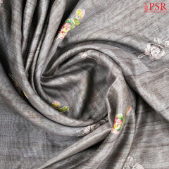 Dark Grey Semi Dupion Embroidery Saree