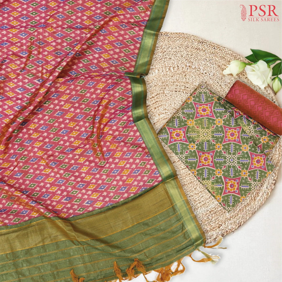 Green Soft Patola Semi Silk Dress Material